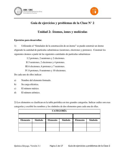 Guia de Ejercicios y problemas. Química Idoyaga Unidad 2