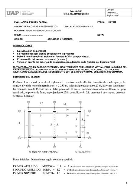 Examen de parcial de costos y presupuestos