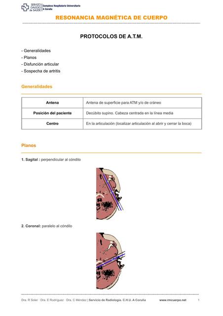  Protocolo para RESONANCIA MAGNÉTICA  ATM (articulación temporomandibular ) 