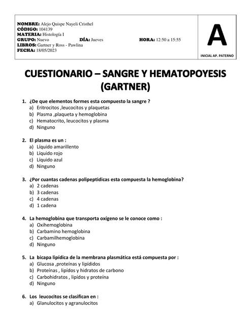 Cuestionario- Sangre y Hematopoyesis 