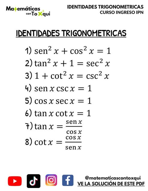 tabla de identidades trigonométricas fundamentales