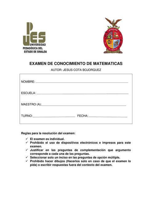 Examen de Conocimientos de Matemáticas 