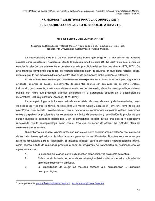 Principios y objetivos para la corrección y el desarrollo en la neuropsicología