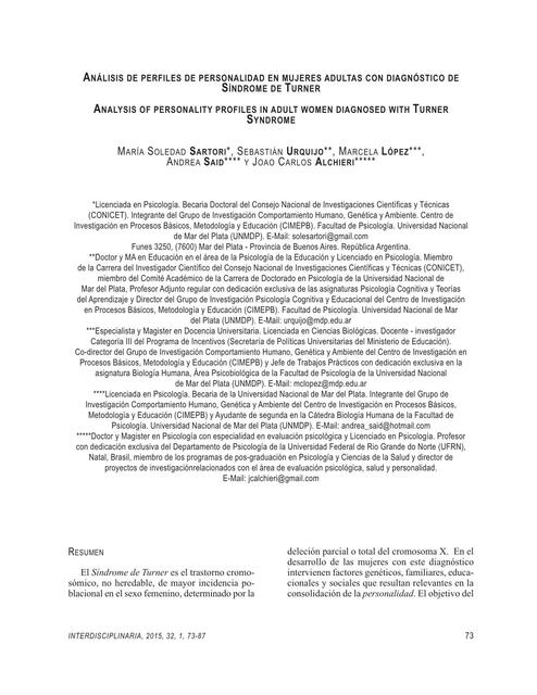 Análisis de Perfiles de Personalidad de Mujeres Adultas con Diagnóstico de Síndrome de Turner 