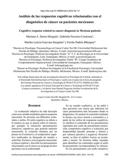 Análisis de las Respuestas Cognitivas Relacionadas con el Diagnóstico de Cáncer en Pacientes Mexicanos 