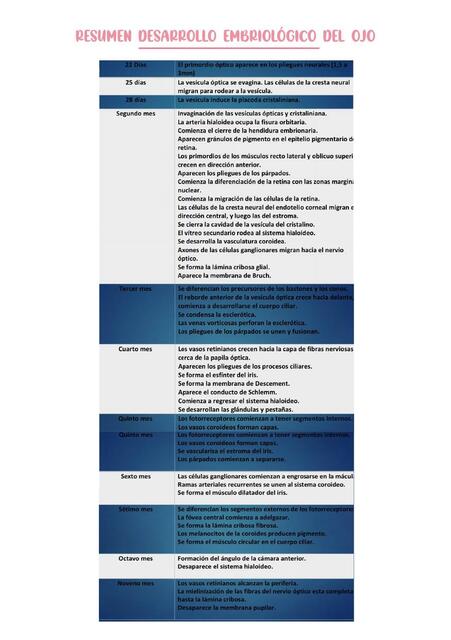 Resumen Desarrollo Embriológico del Ojo 