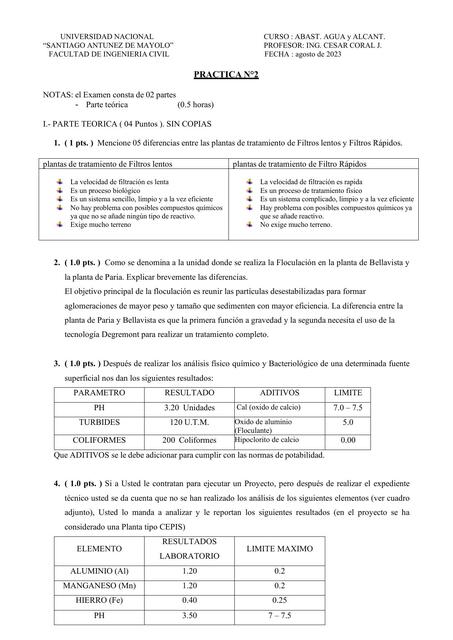 Examen de aguas y alcantarillado 