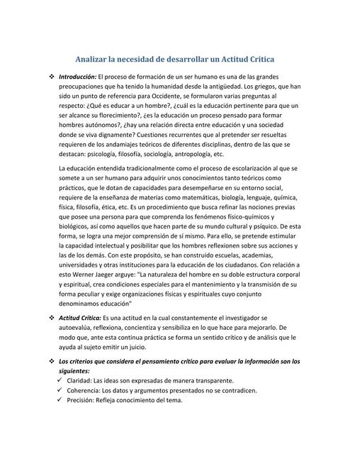 Analizar la Necesidad de Desarrollar un Actitud Crítica 