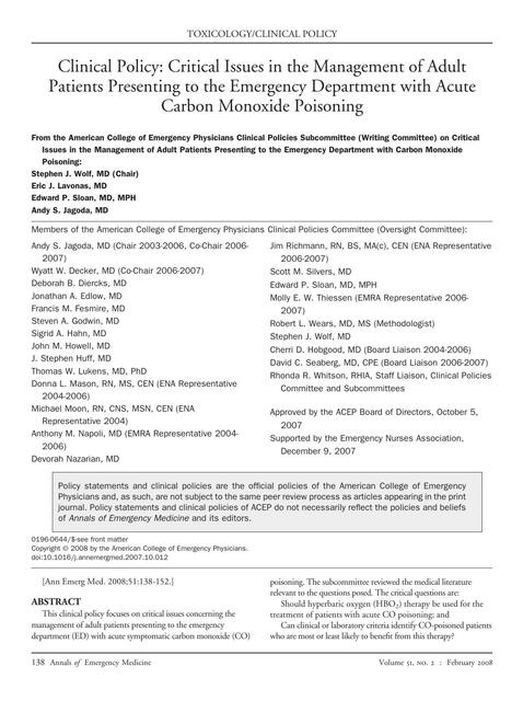 Clinical Policy: Critical Issues in the Management of Adult Patients Presenting to the Emergency Department with Acute Carbon Monoxide Poisonin