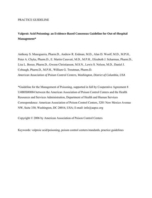 Valproic Acid Poisoning: an Evidence-Based Consensus Guideline for Out-of-Hospital  Management