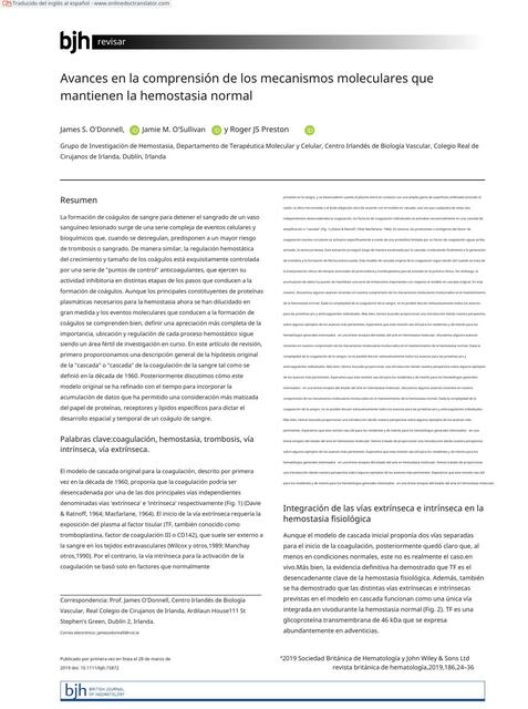 Avances en la Comprensión de los Mecanismos Moleculares que Mantienen la Hemostasia Normal 