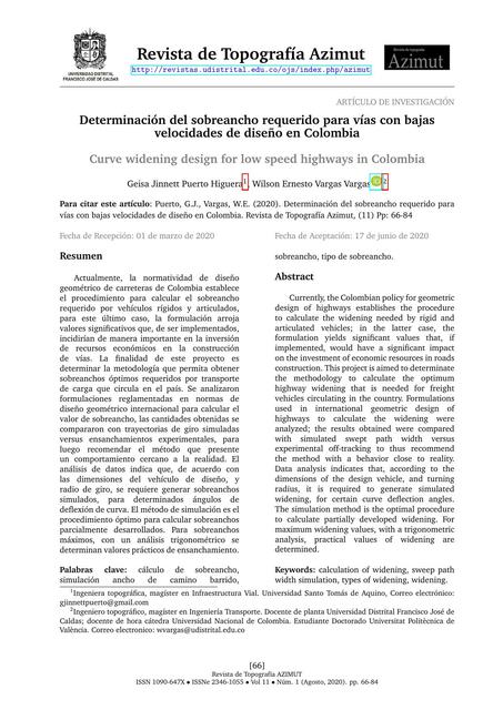 Determinación del Sobreancho Requerido por Vías con Bajas Velocidades de Diseño en Colombia 