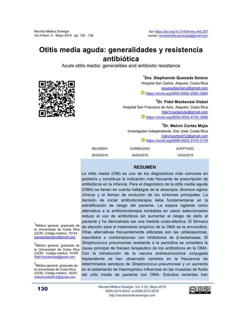 Otitis Media Aguda: Generalidades y Resistencia Antibiótica 