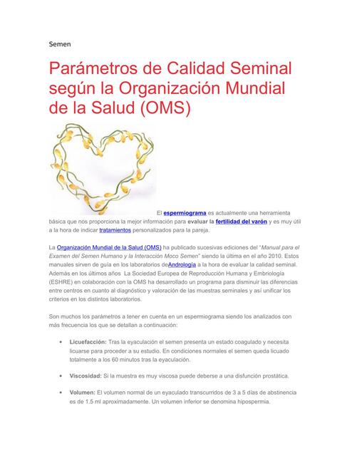 Parámetros de Calidad Seminal Según la Organización Mundial de la Salud 