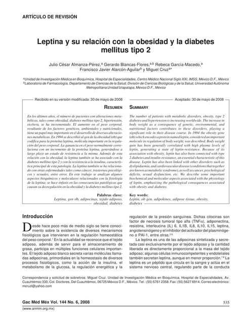 Leptina y su Relación con la Obesidad y la Diabetes Mellitus Tipo 2 