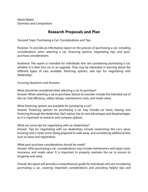 Research Proposals and Plan