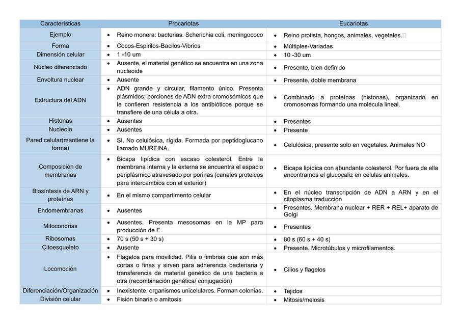 Cuadro resumen de células