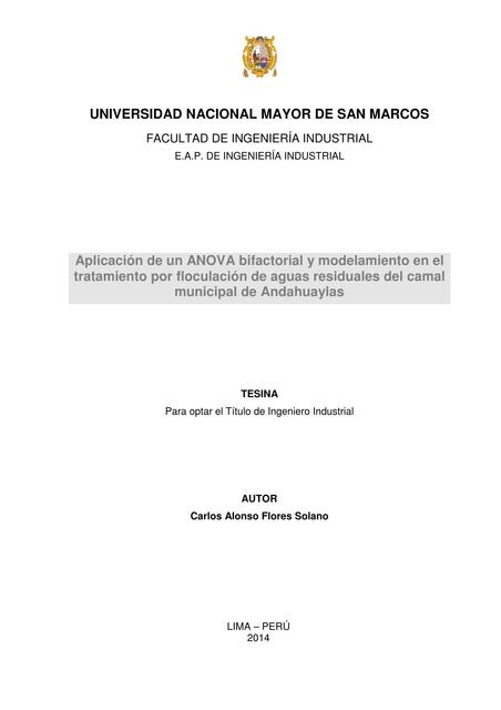 Aplicación de un ANOVA Bifactorial y Modelamiento en el Tratamiento por Floculación de Aguas Residuales del Canal 