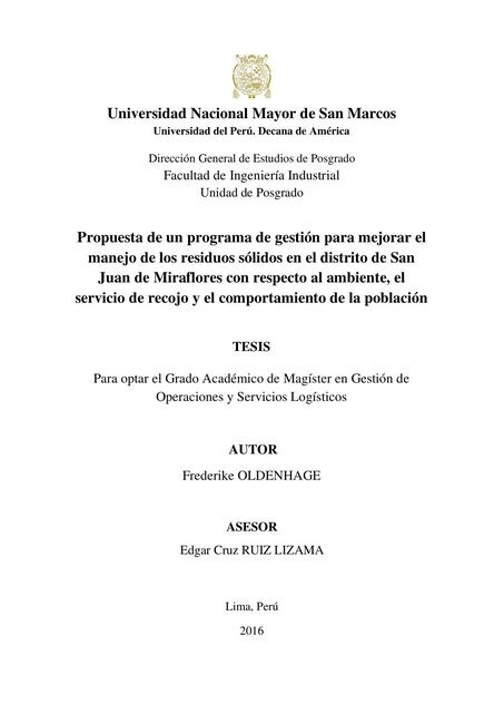 Propuesta de un Programa de Gestión para Mejorar el Manejo de los Residuos Sólidos 