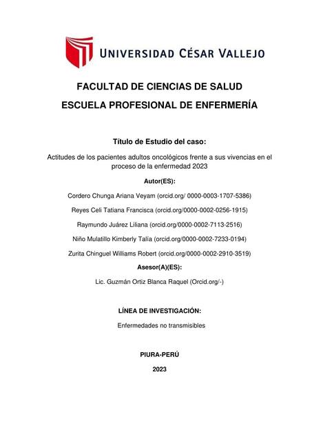 Actitudes de los pacientes adultos oncológicos frente a sus vivencias en el proceso de la enfermedad 2023