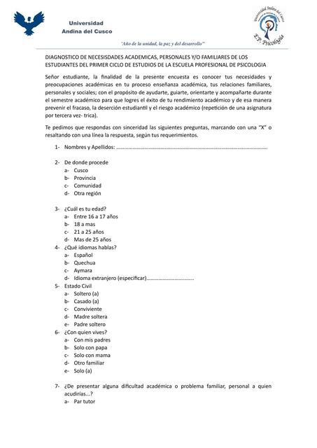 Diagnóstico de necesidades académicas, personales y/o familiares de los estudiantes del primer ciclo de estudios de la escuela profesional de psicología