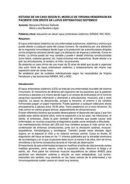 Estudio de un caso según el modelo de Virginia Henderson en paciente con brote de lupus eritematoso sistémico