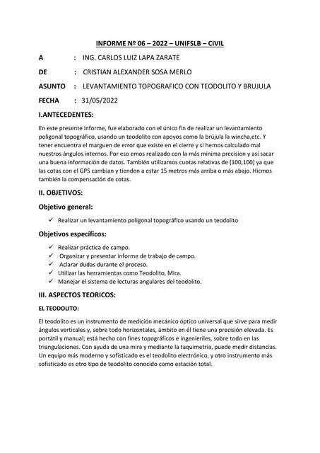 Levantamiento topográfico con teodolito y  brújula 