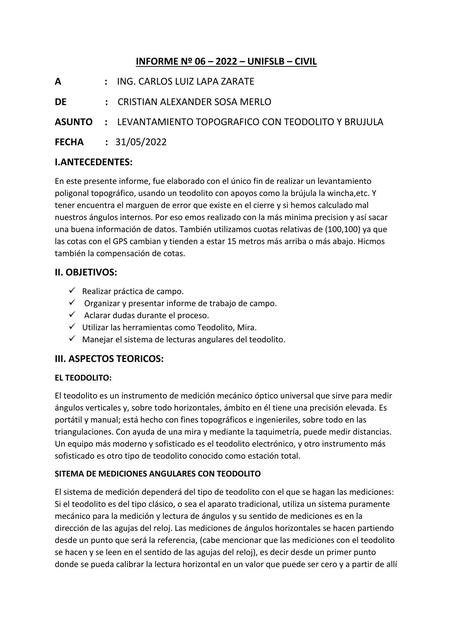 Levantamiento topográfico con teodolito y  brújula 