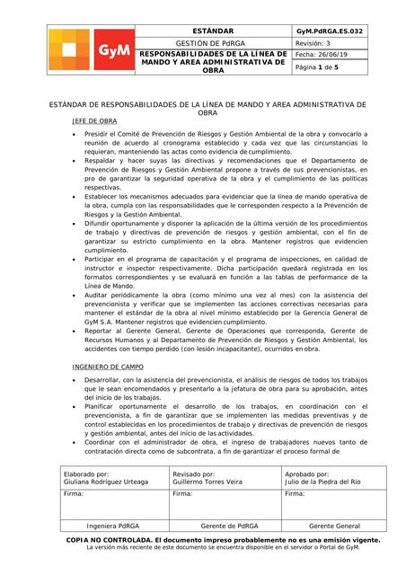 Estándar de Responsabilidades de la Línea de Mando y Área Administrativa de Obra 