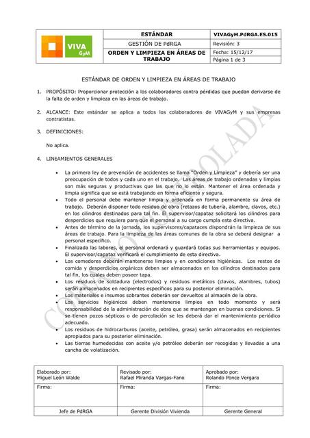 Estándar de Orden y Limpieza en Áreas de Trabajo 