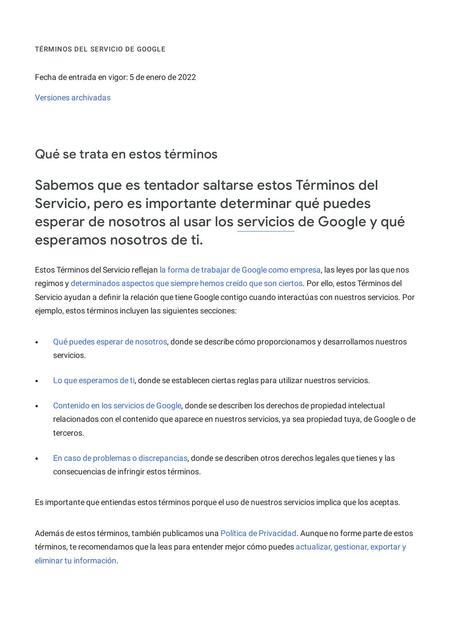 Términos del Servicio de Google 