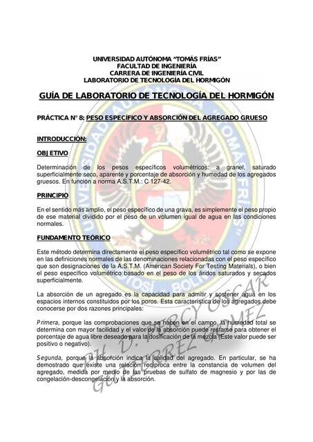 Práctica n° 8: peso específico y absorción del agregado grueso