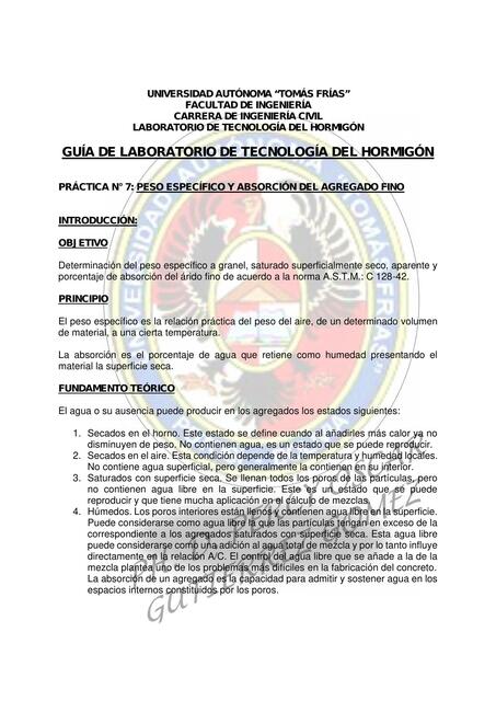 Práctica n° 7: peso específico y absorción del agregado fino