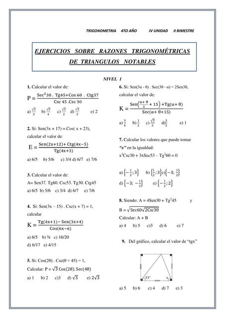Ejercicios sobre Razones Trigonométricas de Triángulos Notables 