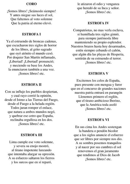 Letra del Himno Nacional Completo