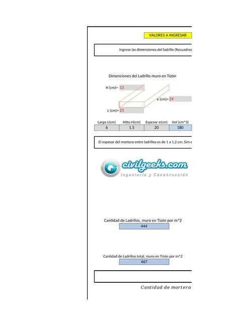 Hoja de Excel para el Calculo de Ladrillos y Morte
