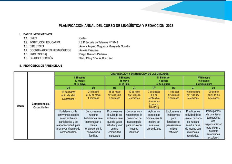 Planificación Anual del Curso de Lingüística y Redacción 