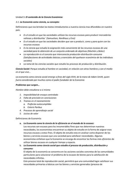 Resumen Economía: El contenido de la ciencia económica