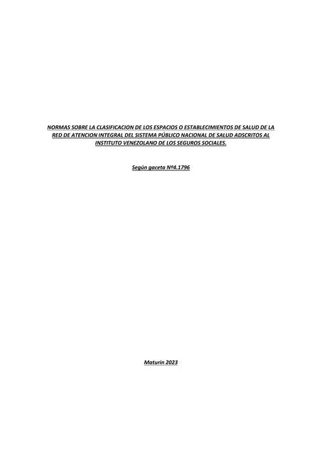 Normas sobre la Clasificación de los Espacios o Establecimientos de Salud 