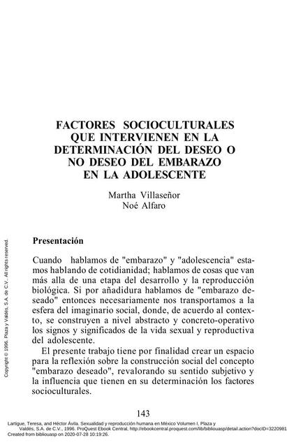 Factores Socioculturales que Interviene en la Determinación del Deseo o No Deseo del Embarazo en la Adolescente 