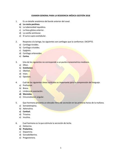 EXAMEN GENERAL PARA LA RESIDENCIA MEDICA GESTIÓN