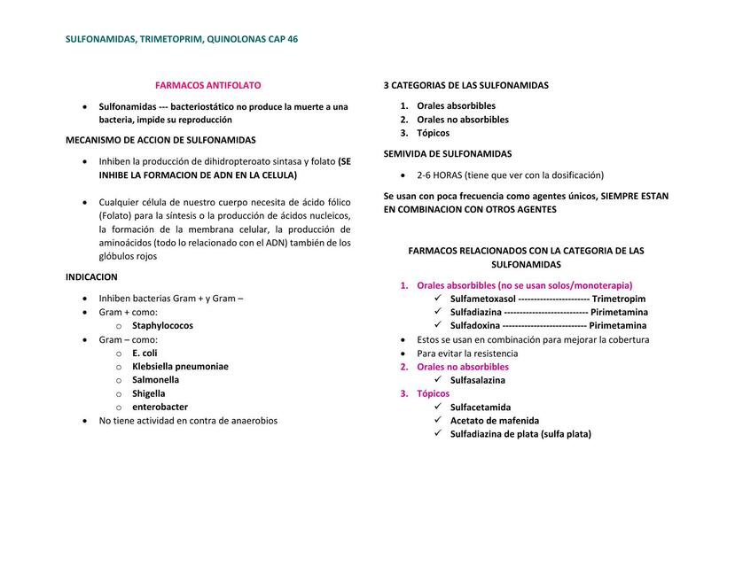 SULFONAMIDAS, TRIMETOPRIM, QUINOLONAS