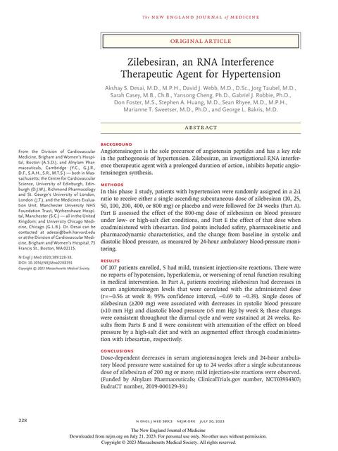 Zilebesiran an RNA Interference Therapeutic Agent for Hypertension 