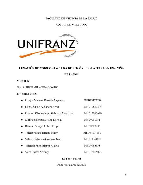 Luxación de Codo y Fractura de Epicóndilo Lateral en una Niña de 5 Años 