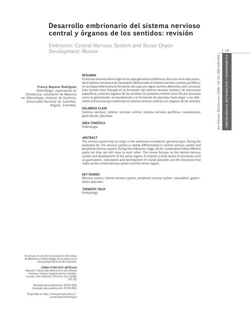 Desarrollo embrionario del sistema nervioso central y órganos de los sentidos: revisión 