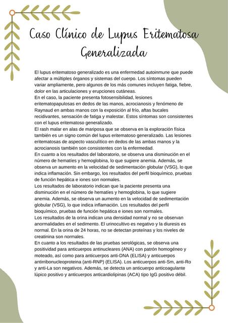 Caso Clínico de Lupus Eritematosa Generalizada 