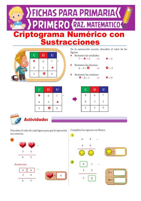 Criptograma Numérico con Sustracciones para Primero