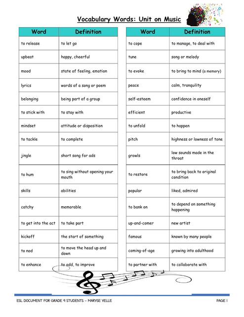 Vocabulary Words Unit