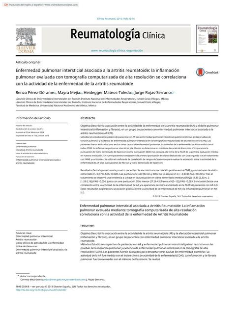 Enfermedad pulmonar intersticial asociada a la artritis reumatoide: la inflamación pulmonar evaluada con tomografía computarizada de alta resolución se correlaciona con la actividad de la enfermedad de la artritis reumatoide