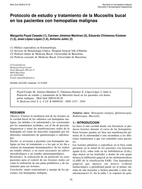 Protocolo de estudio y tratamiento de la Mucositis bucal en los pacientes con hemopatías malignas 